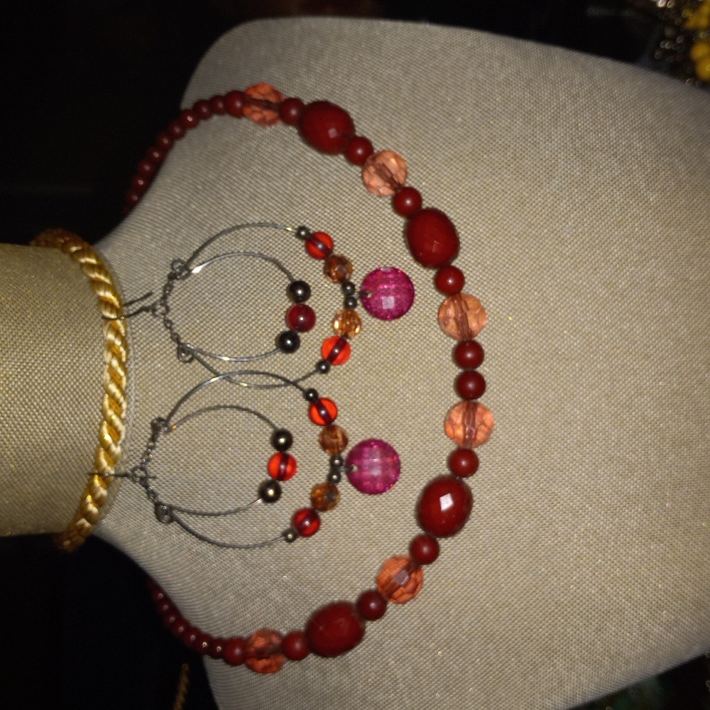 Red Beaded Choker and Earrings